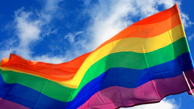 Pride flag raised against sky background
